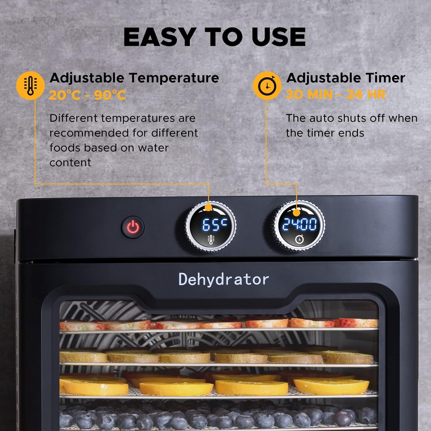 Deshidratador Kwasyo de acero inoxidable con 8 bandejas, mostrando su control de temperatura LCD y accesorios de secado.