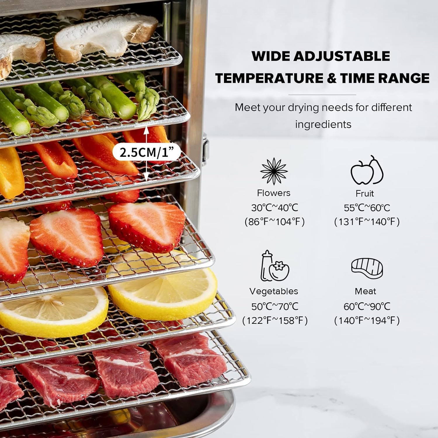 Kwasyo Deshidratador de Alimentos con 6 Bandejas de Acero Inoxidable en funcionamiento, mostrando su elegante diseño y la pantalla LCD con controles digitales para una fácil regulación de tiempo y temperatura.