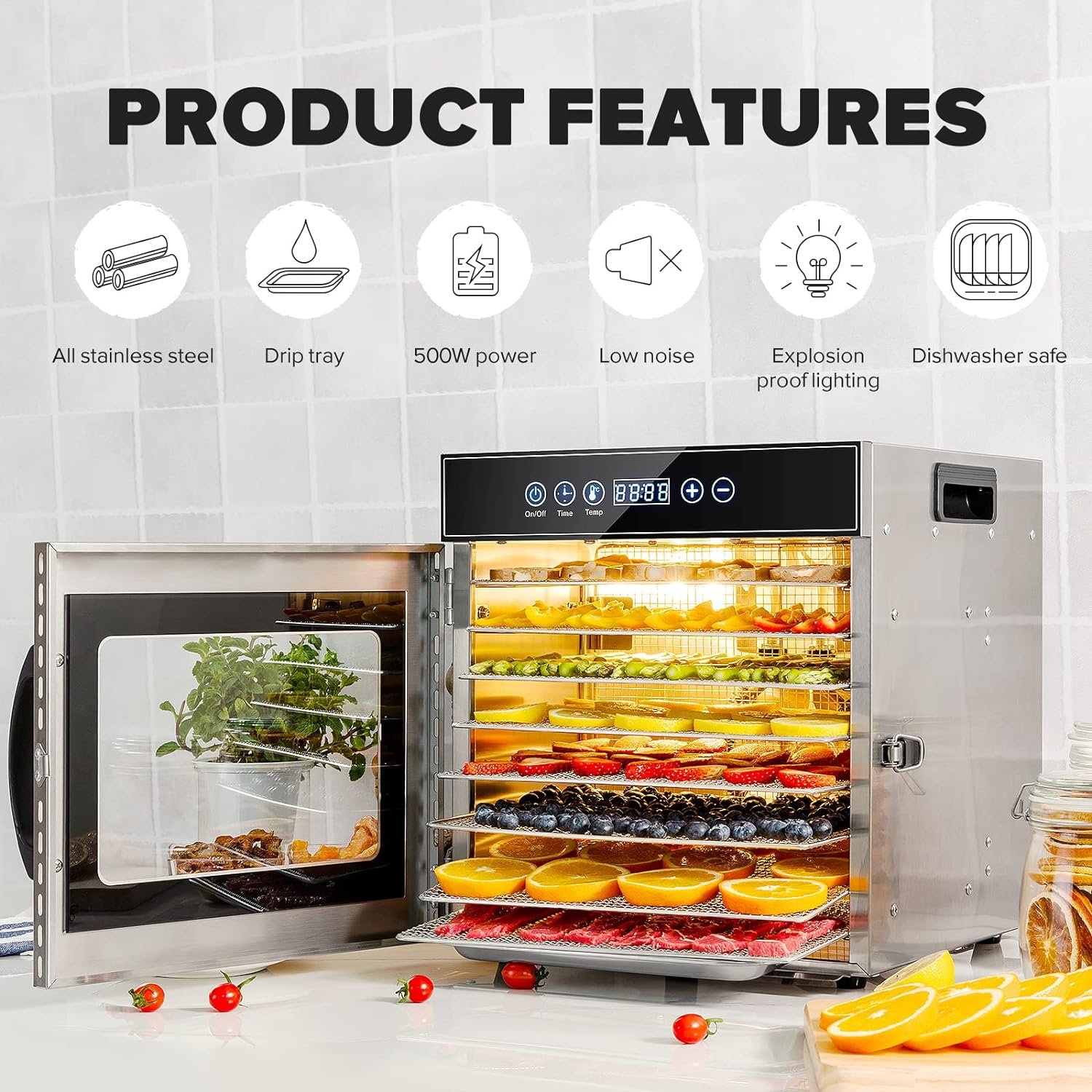 Kwasyo Deshidratador de Alimentos de Acero Inoxidable con 8 Bandejas, destacando su pantalla LCD y diseño elegante.
